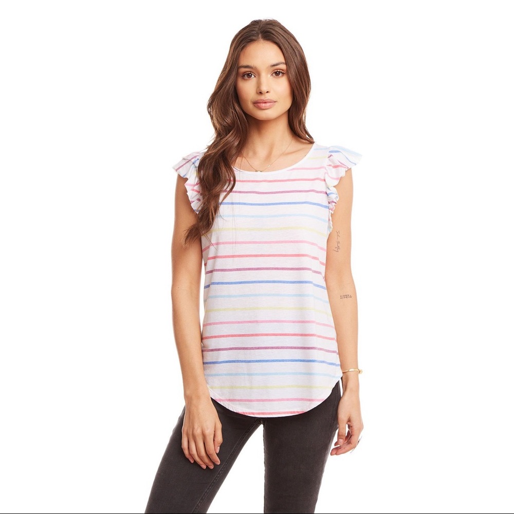 Revolve Chaser Flutter Sleeve Shirttail Tee White Rainbow Stripe Size Medium NWT